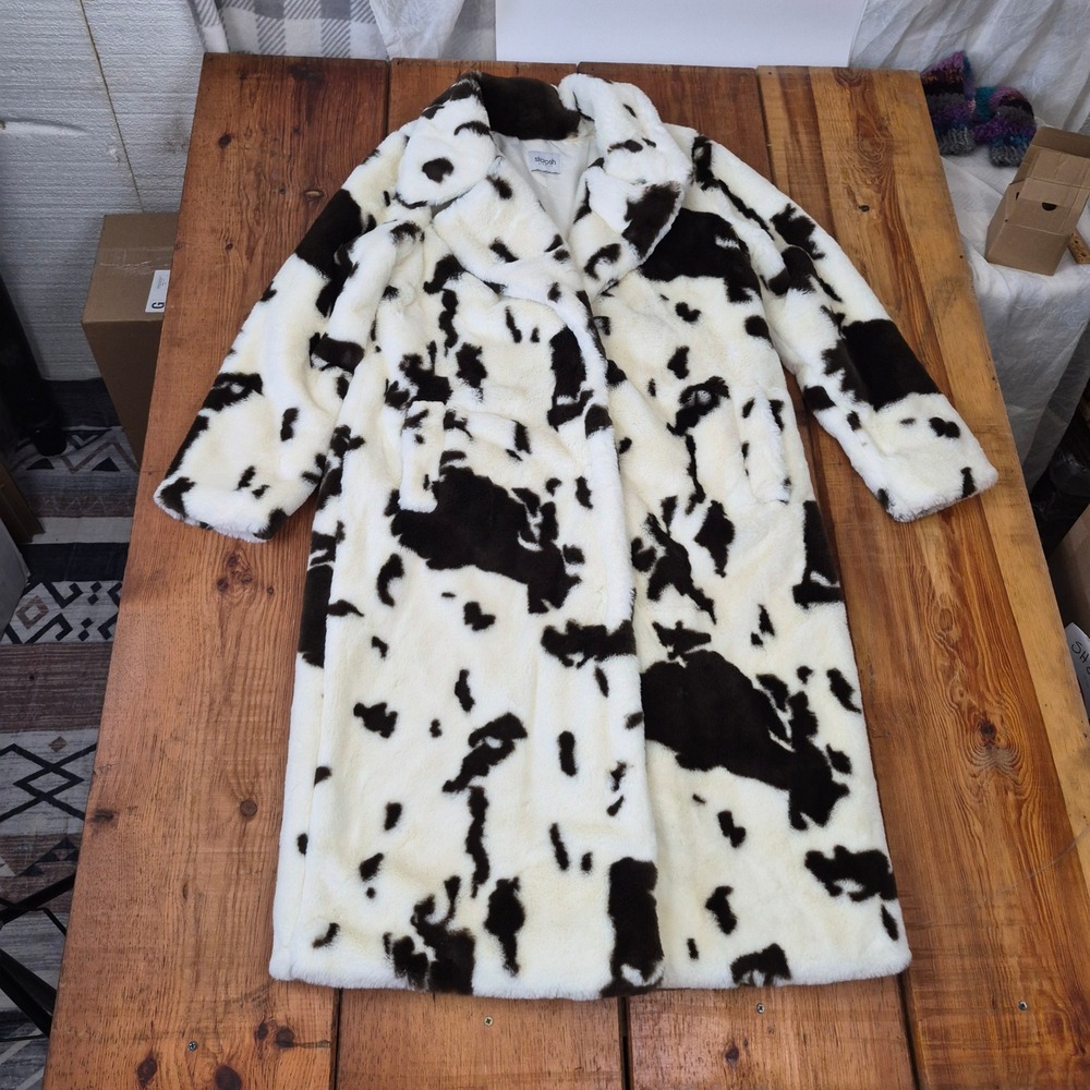 Stoosh Premium Cow Print Faux Fur Longline Coat Brown White Women's Size M